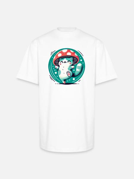Whimsy Mushroom Hat Cat - Unisex Oversized Heavyweight T-Shirt - white