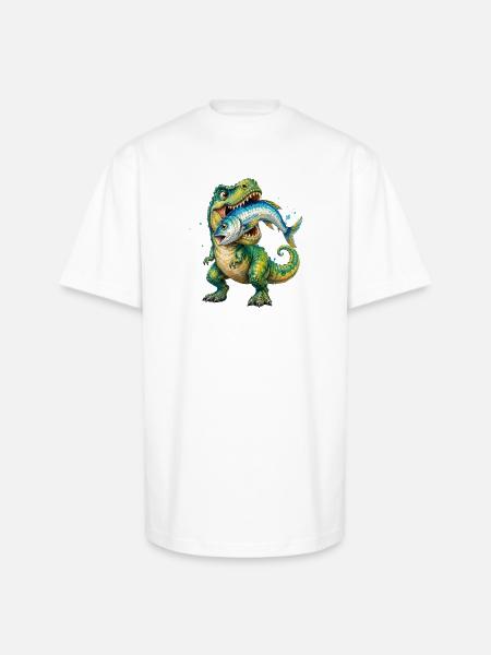 Cretaceous Catch: Dino with Fish - Unisex Oversized Heavyweight T-Shirt - white