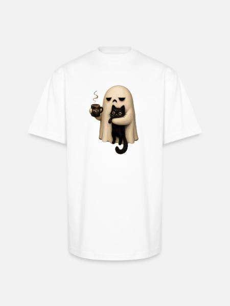 Meh Ghost and Cat Mug - Unisex Oversized Heavyweight T-Shirt - white