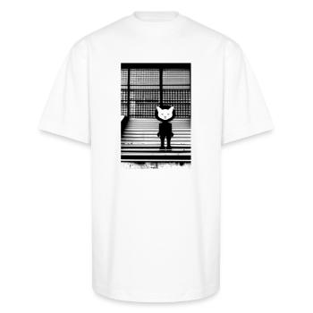 White Cat in Hoodie Standing on the Steps - Street - Unisex Oversized Heavyweight T-Shirt - white - Front - James (184cm)