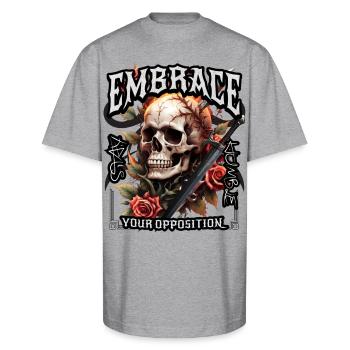 'Embrace Your Opposition, Stay Humble' Skull Rose - Unisex Oversized Heavyweight T-Shirt - heather gray - Front - James (184cm)