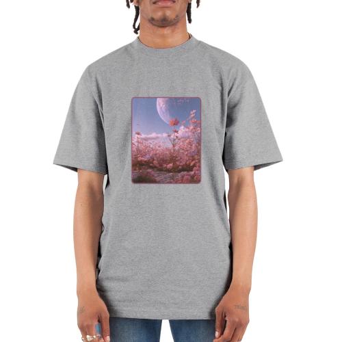 Cosmic Moon & Cosmos Flowers Art - Unisex Oversized Heavyweight T-Shirt