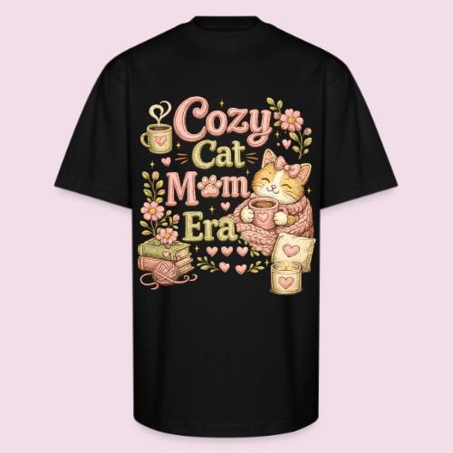 Cozy Cat Mom Era Faux Stitched Design - Unisex Oversized Heavyweight T-Shirt