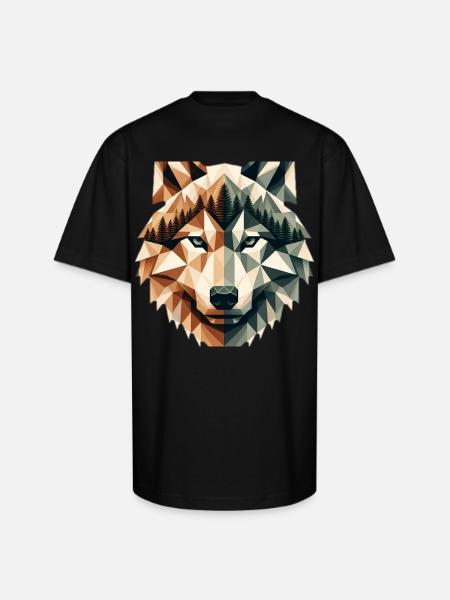 Geometric Wolf Over Peaks - Unisex Oversized Heavyweight T-Shirt - black