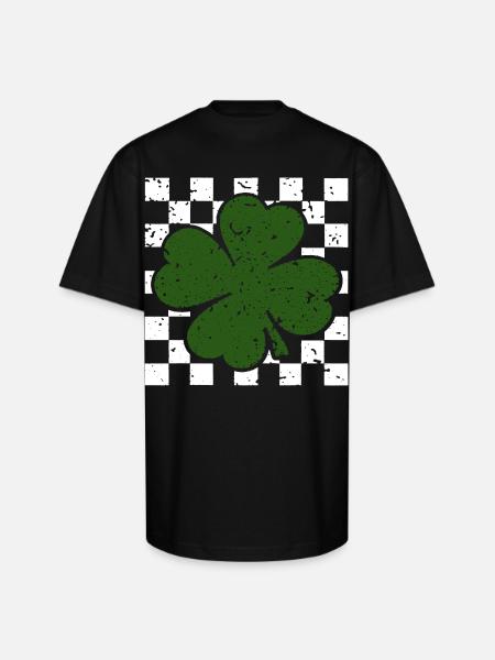 Emerald FourLeaf Clover on Checkerboard - Unisex Oversized Heavyweight T-Shirt - black