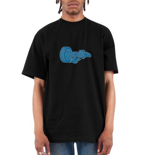 The D® - Detroit Wheel Guitar with Flames Bl Slvr - Unisex Oversized Heavyweight T-Shirt