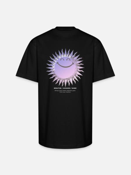 SmileyWorld Smiling Sun In Purple - Unisex Oversized Heavyweight T-Shirt - black