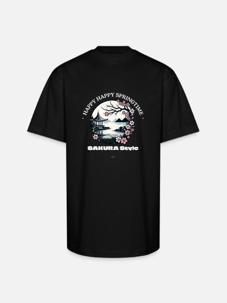 Happy Happy Springtime Sakura - Unisex Oversized Heavyweight T-Shirt - black
