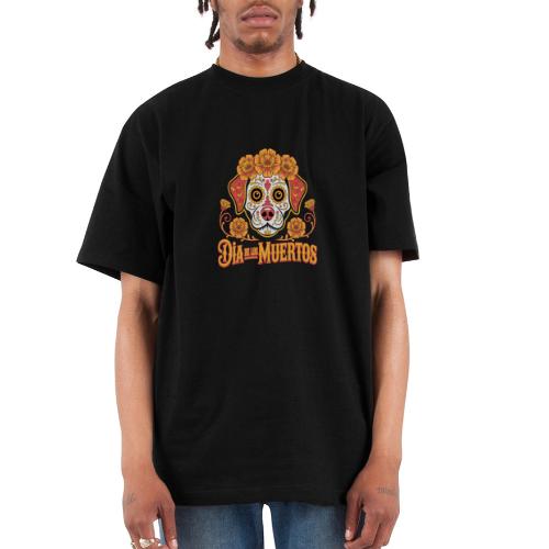 Dia De Los Muertos Dog Skull Flowers - Unisex Oversized Heavyweight T-Shirt