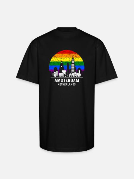 Amsterdam Skyline Rainbow Illustration - Unisex Oversized Heavyweight T-Shirt - black