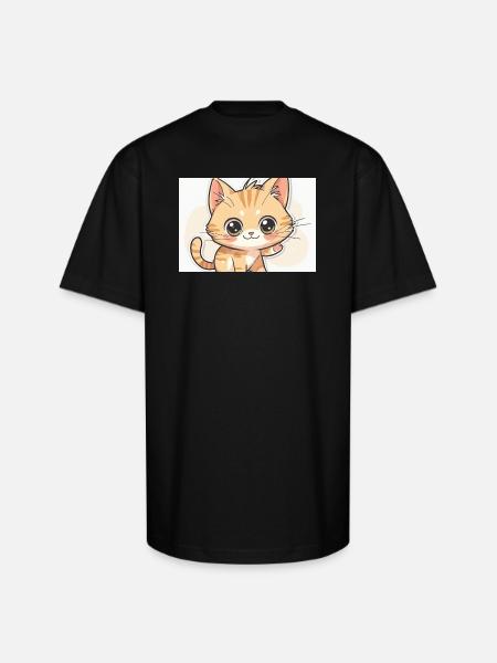 Waving Kawaii Orange Tabby - Unisex Oversized Heavyweight T-Shirt - black