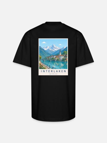Interlaken Alpine Lakescape - Unisex Oversized Heavyweight T-Shirt - black