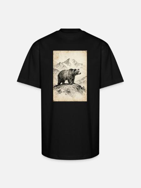 Bear on Alpine Ridge Sketch - Unisex Oversized Heavyweight T-Shirt - black