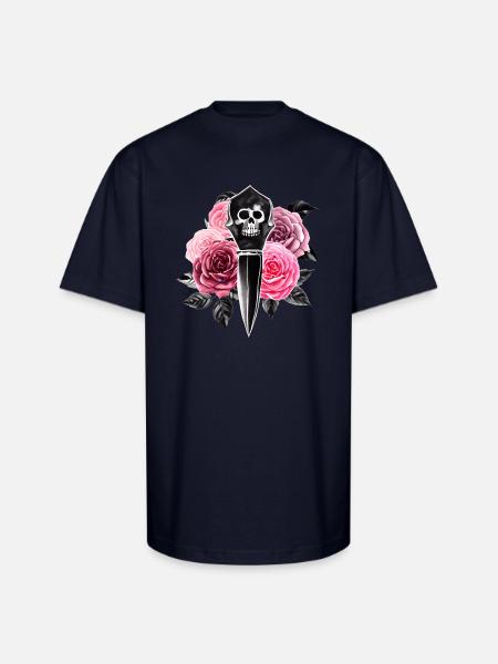 Roses and Skull Dagger - Unisex Oversized Heavyweight T-Shirt - navy