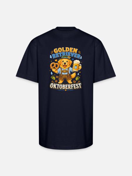 Golden Retriever Oktoberfest Cheer - Unisex Oversized Heavyweight T-Shirt - navy