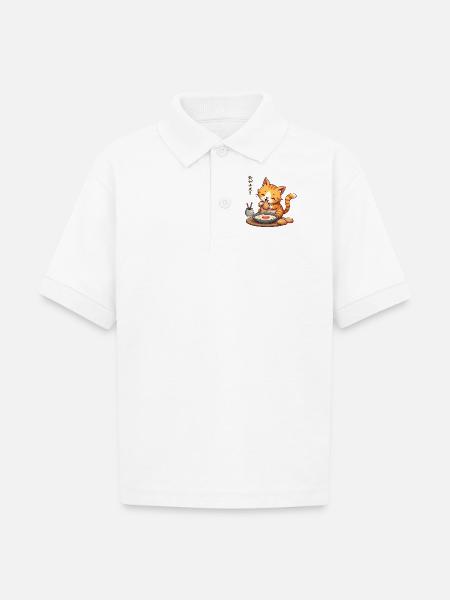 Cute Cat Enjoying Japanese Meal - Gildan Kid's 50/50 Jersey Polo - white