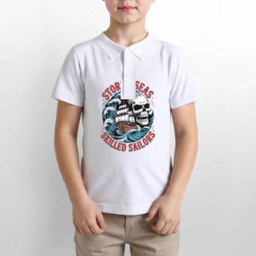 Stormy Seas Skull Pirate Ship Nautical Ocean Waves - Gildan Kid's 50/50 Jersey Polo