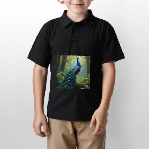 Majestic Peacock in Enchanted Forest - Gildan Kid's 50/50 Jersey Polo