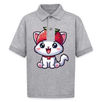 Quirky cat with strawberry and hat sweet fruit - Gildan Kid's 50/50 Jersey Polo - heather gray - Front - Kain (125cm)
