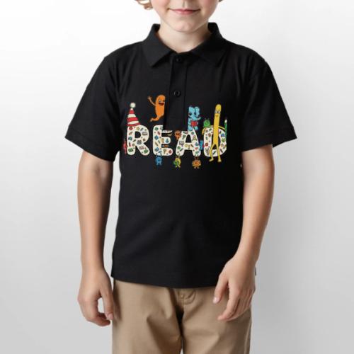 Whimsical READ Kids Cartoon - Gildan Kid's 50/50 Jersey Polo