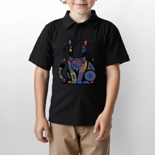 Vibrant Geometric Cat Mandala - Gildan Kid's 50/50 Jersey Polo