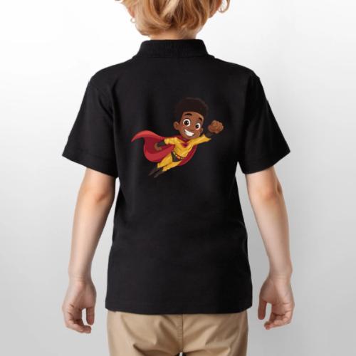 Flying Cartoon Superhero Boy in Red Cape - Gildan Kid's 50/50 Jersey Polo