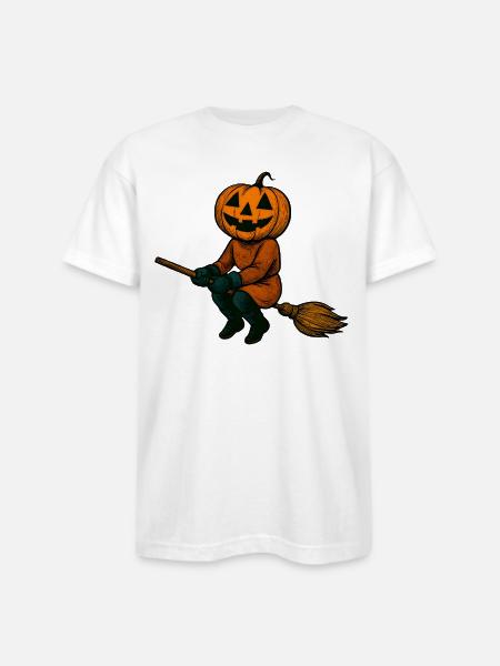 Pumpkinhead Witch on Broom - Bayside Unisex Heavyweight USA Made T-Shirt - white