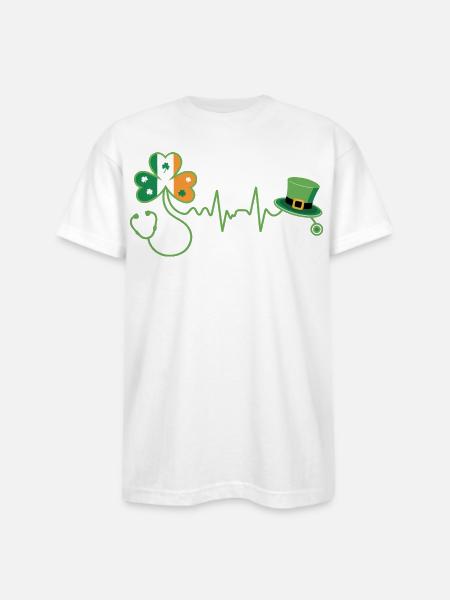 Stethoscope Shamrock Heartbeat - Bayside Unisex Heavyweight USA Made T-Shirt - white