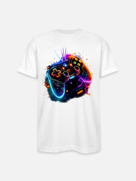 Neon Game Controller Splash - Bayside Unisex Heavyweight USA Made T-Shirt - white