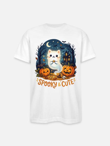 Spooky Cute Ghost Cat Halloween - Bayside Unisex Heavyweight USA Made T-Shirt - white
