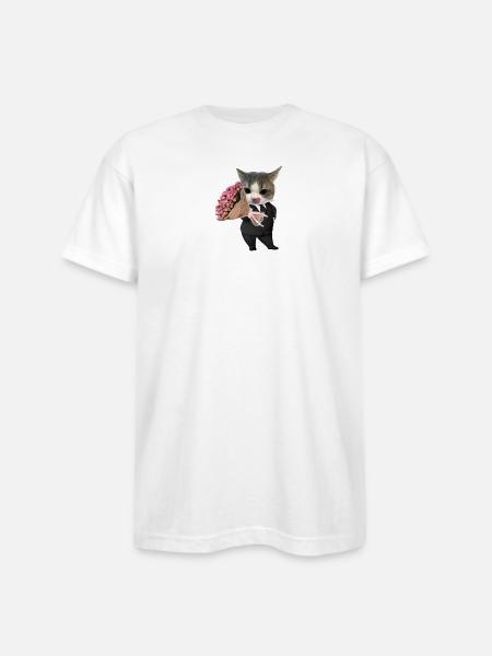 Cat in Suit with Bouquet - Bayside Unisex Heavyweight USA Made T-Shirt - white