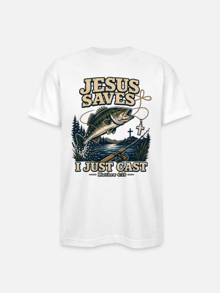 Jesus Saves I Just Cast Christian Fishing - Bayside Unisex Heavyweight USA Made T-Shirt - white