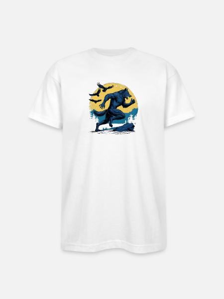 Running Werewolf with Crows - Bayside Unisex Heavyweight USA Made T-Shirt - white