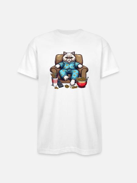 Cozy Cat in Blue Pajamas - Bayside Unisex Heavyweight USA Made T-Shirt - white