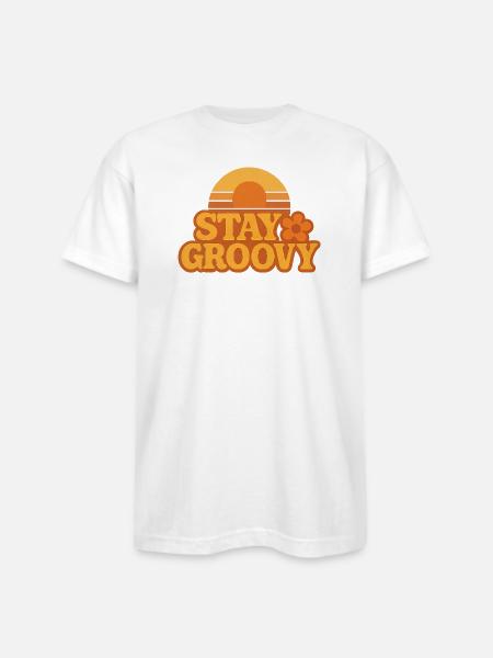Retro Sunset Stay Groovy Graphic - Bayside Unisex Heavyweight USA Made T-Shirt - white