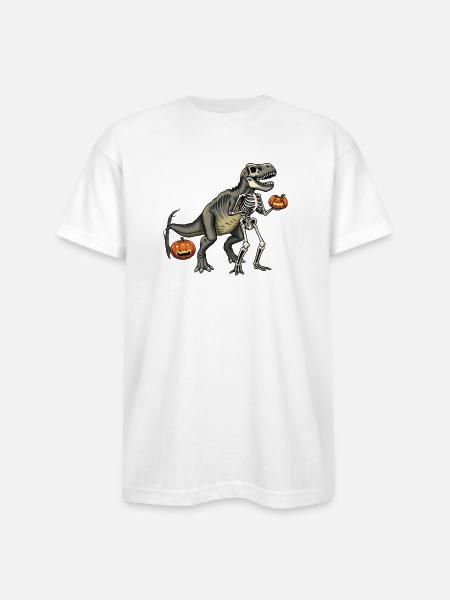 Dinosaur Skeleton Carving with Jack-o-Lantern - Bayside Unisex Heavyweight USA Made T-Shirt - white