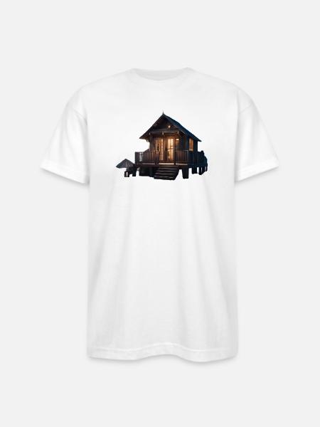 Rustic Cabin Nightscape Design - Bayside Unisex Heavyweight USA Made T-Shirt - white