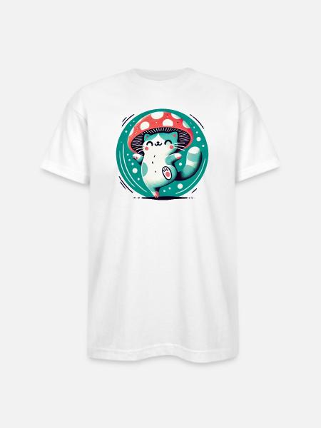 Whimsy Mushroom Hat Cat - Bayside Unisex Heavyweight USA Made T-Shirt - white