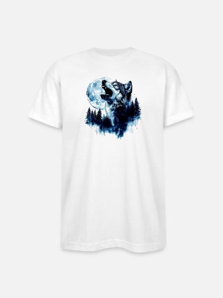 Wolf Howling at the Moon - Bayside Unisex Heavyweight USA Made T-Shirt - white