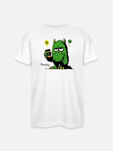 Grumpy Green Monster with Mug - Bayside Unisex Heavyweight USA Made T-Shirt - white