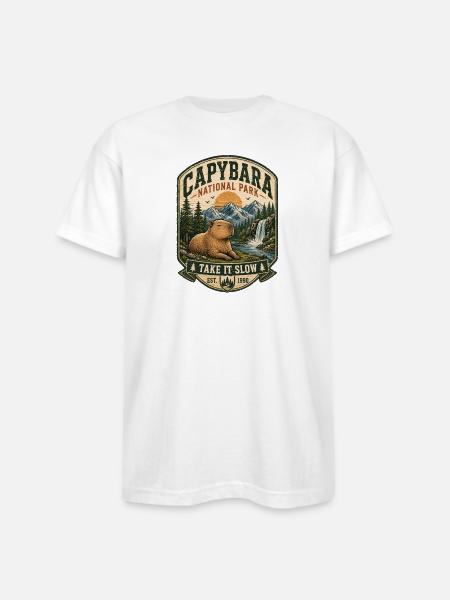 Capybara National Park Patch - Bayside Unisex Heavyweight USA Made T-Shirt - white