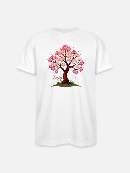 Sakura,Cherry Blossoms Spring Illustration - Bayside Unisex Heavyweight USA Made T-Shirt - white