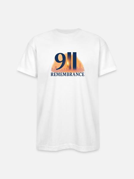 911 Remembrance Candle Skyline Design - Bayside Unisex Heavyweight USA Made T-Shirt - white