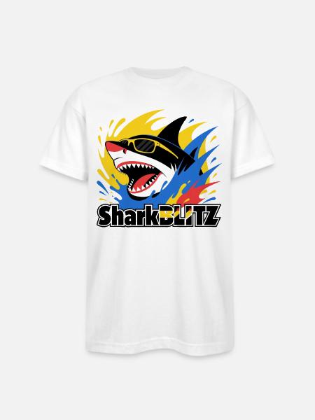 Neon Shark Splash Sunglasses Tee - Bayside Unisex Heavyweight USA Made T-Shirt - white