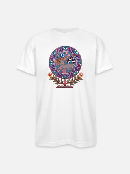 Native Huichol Peyote Deer - Bayside Unisex Heavyweight USA Made T-Shirt - white