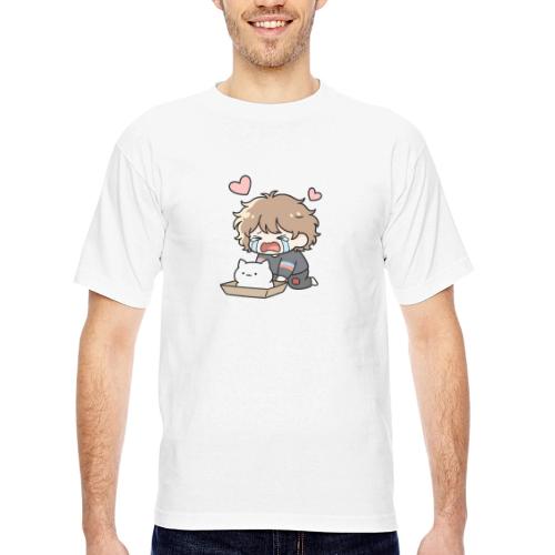 Crying Chibi Boy with Stray Cat - Bayside Unisex Heavyweight USA Made T-Shirt