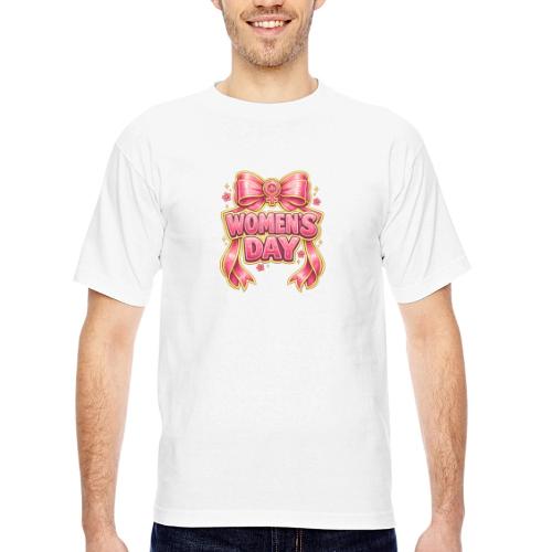 Cute Pink Bow Women’s Day Feminist Symbol - Bayside Unisex Heavyweight USA Made T-Shirt