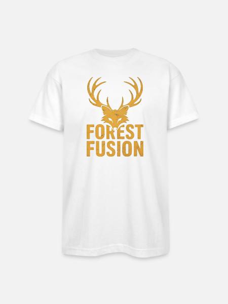 Forest Fusion Deer Embroidery Design - Bayside Unisex Heavyweight USA Made T-Shirt - white