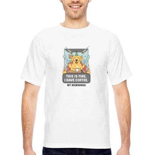🔥 Funny Dog Meme “This Is Fine, I Have Coffee” - Bayside Unisex Heavyweight USA Made T-Shirt