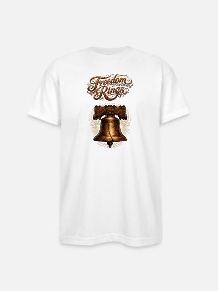 Freedom Bells: Rustic Bronze Emblem - Bayside Unisex Heavyweight USA Made T-Shirt - white